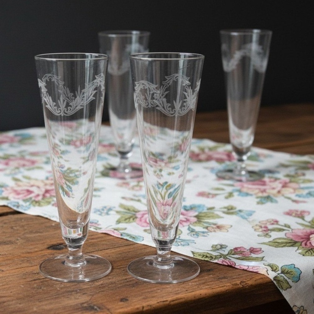 Chintz Etched Pilsner Glasses, Set of 4, Clear Footed Glassware, Vintage Barware